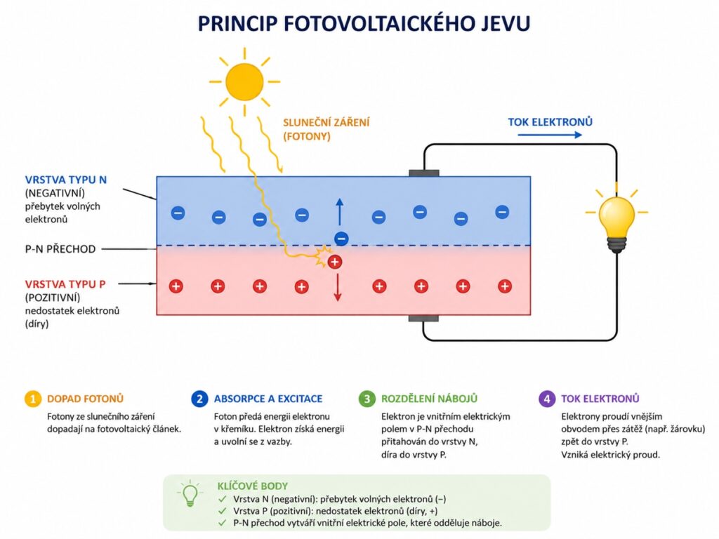 princip fotovoltaického jevu pn přechod stejnosměrný proud fotovoltaika