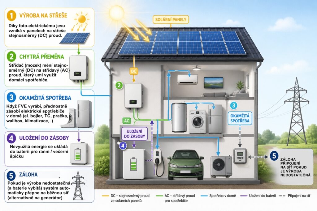 schéma fve fotovoltaická elektrárna princip fungování